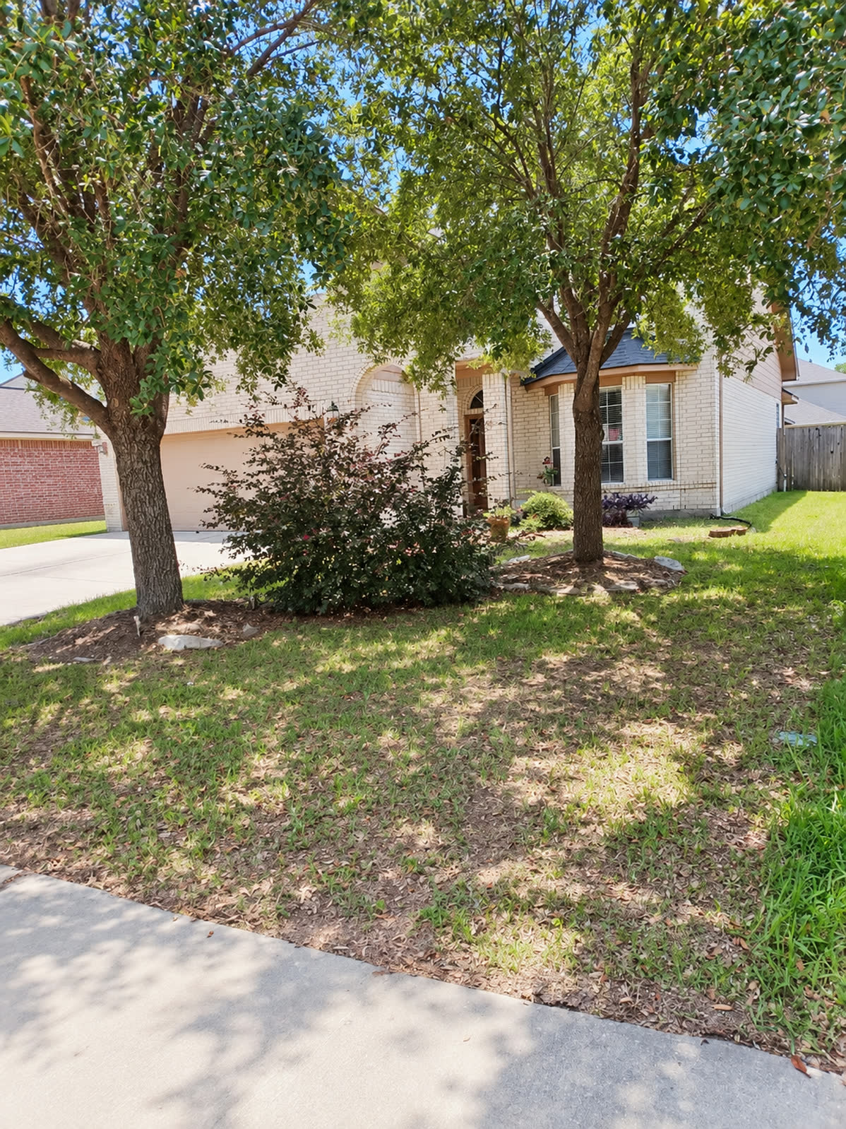 Front yard before landscaping, with open lawn beneath two mature trees